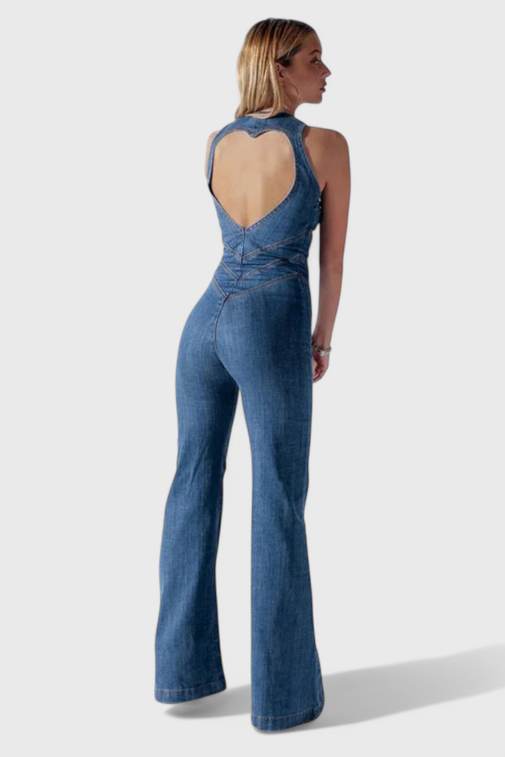 Mono Denim Corazón Espalda Abierta Con Costuras En V