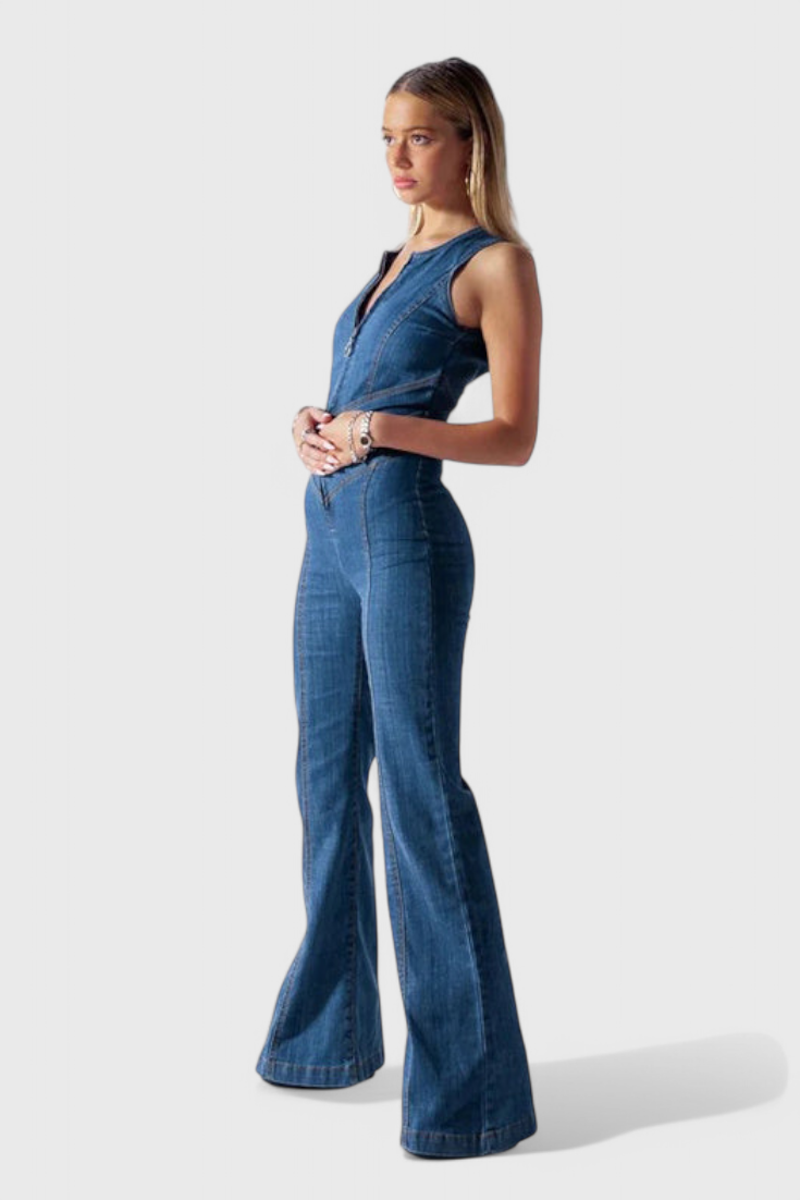 Mono Denim Corazón Espalda Abierta Con Costuras En V