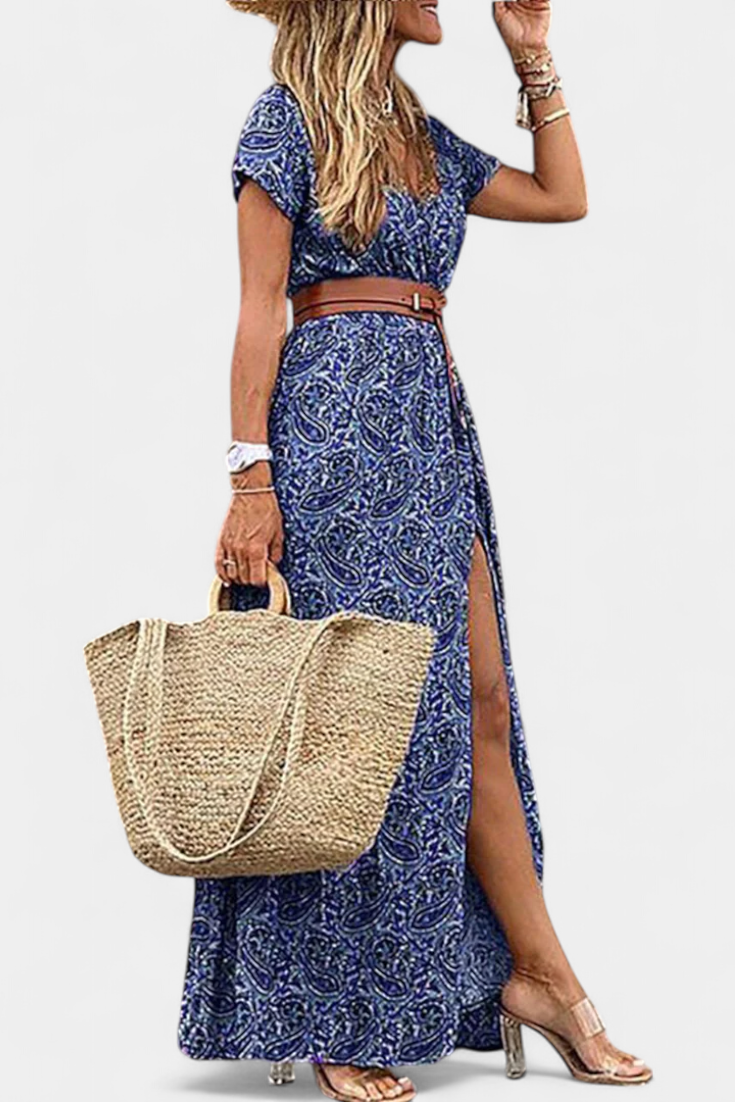 Anfisa Vestido Boho Verano con Cinturón y Escote V Genial