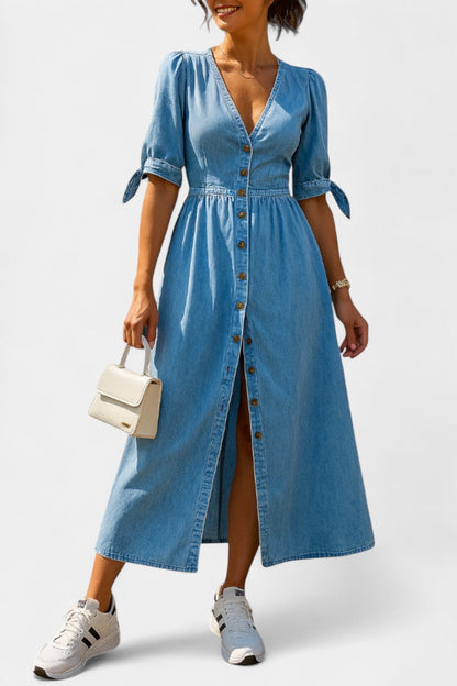 Vestido Midi Denim Premium Con Botones Y Escote V Muy Chic