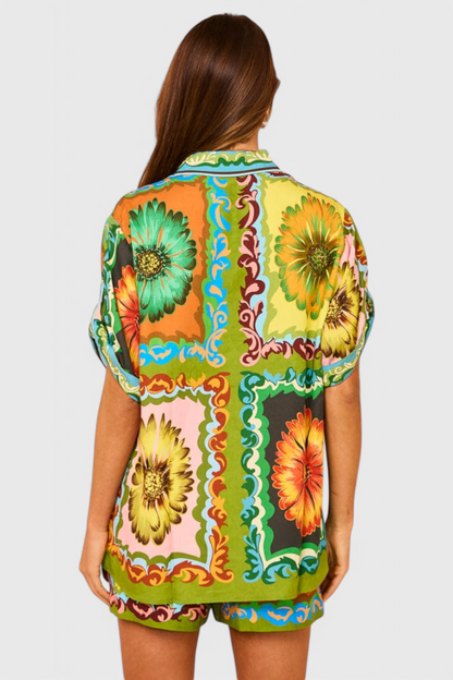 Conjunto Satén Girasoles Nicole Brilla Estilo Elástico