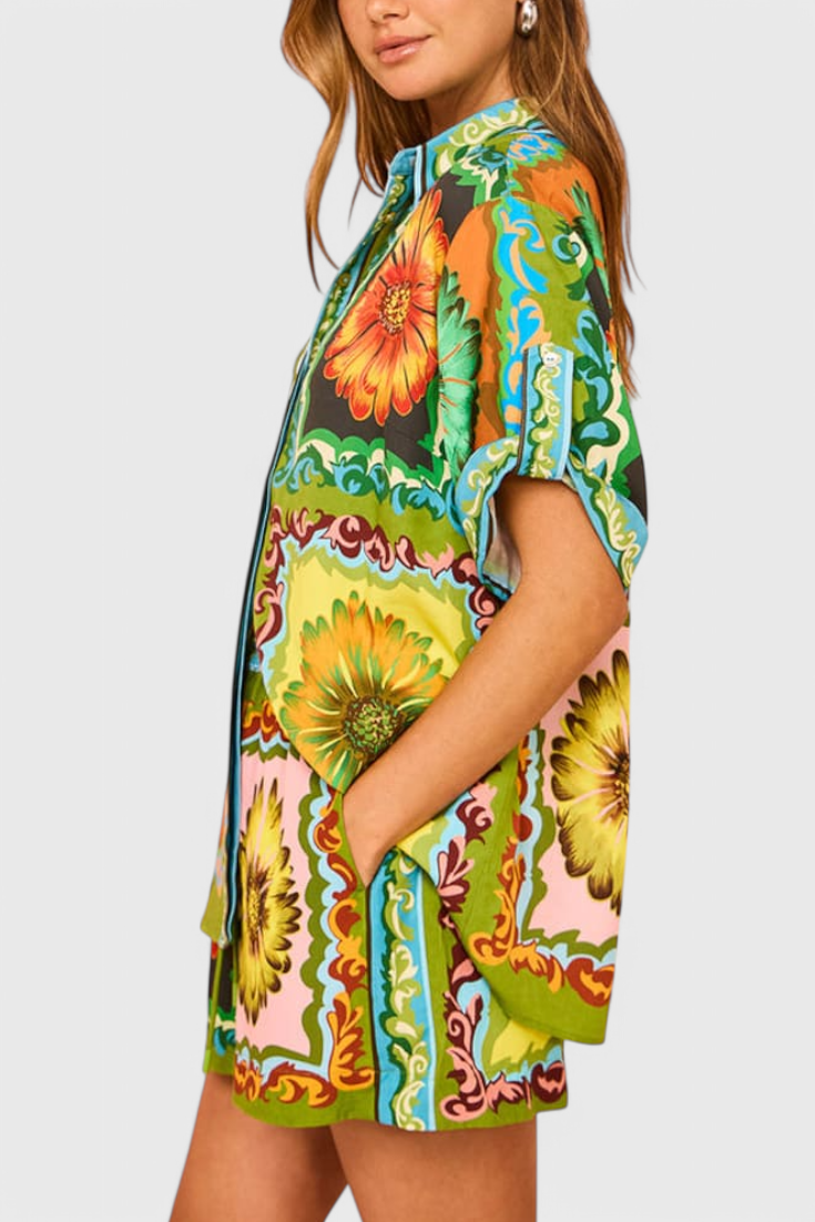 Conjunto Satén Girasoles Nicole Brilla Estilo Elástico