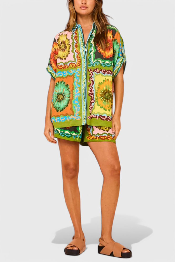 Conjunto Satén Girasoles Nicole Brilla Estilo Elástico