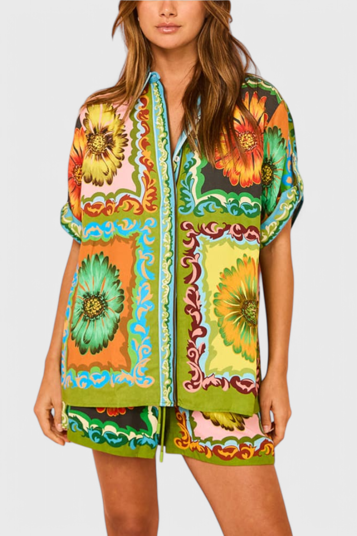 Conjunto Satén Girasoles Nicole Brilla Estilo Elástico