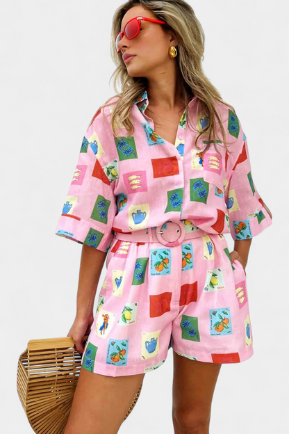 Conjunto De Camisa Y Shorts Rosa Estampado Vibrante