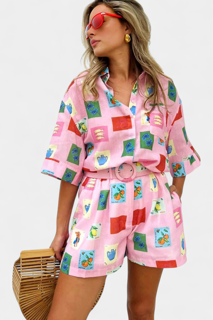 Conjunto De Camisa Y Shorts Rosa Estampado Vibrante