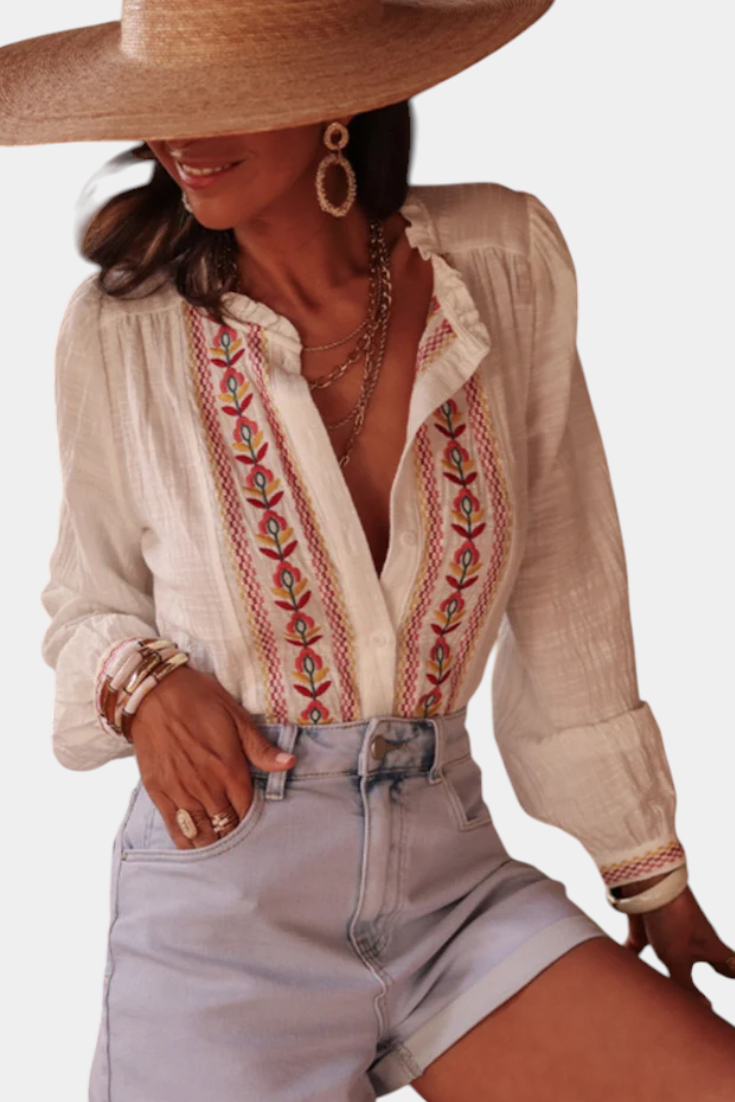 Camisa Bohème Bordada Soleil De Algodón Y Lino Con Encanto