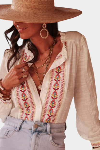 Camisa Bohème Bordada Soleil De Algodón Y Lino Con Encanto