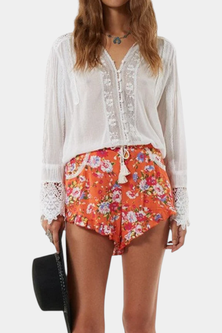 Blusa De Encaje Floral Con Cuello Pico Romántico Y Volantes