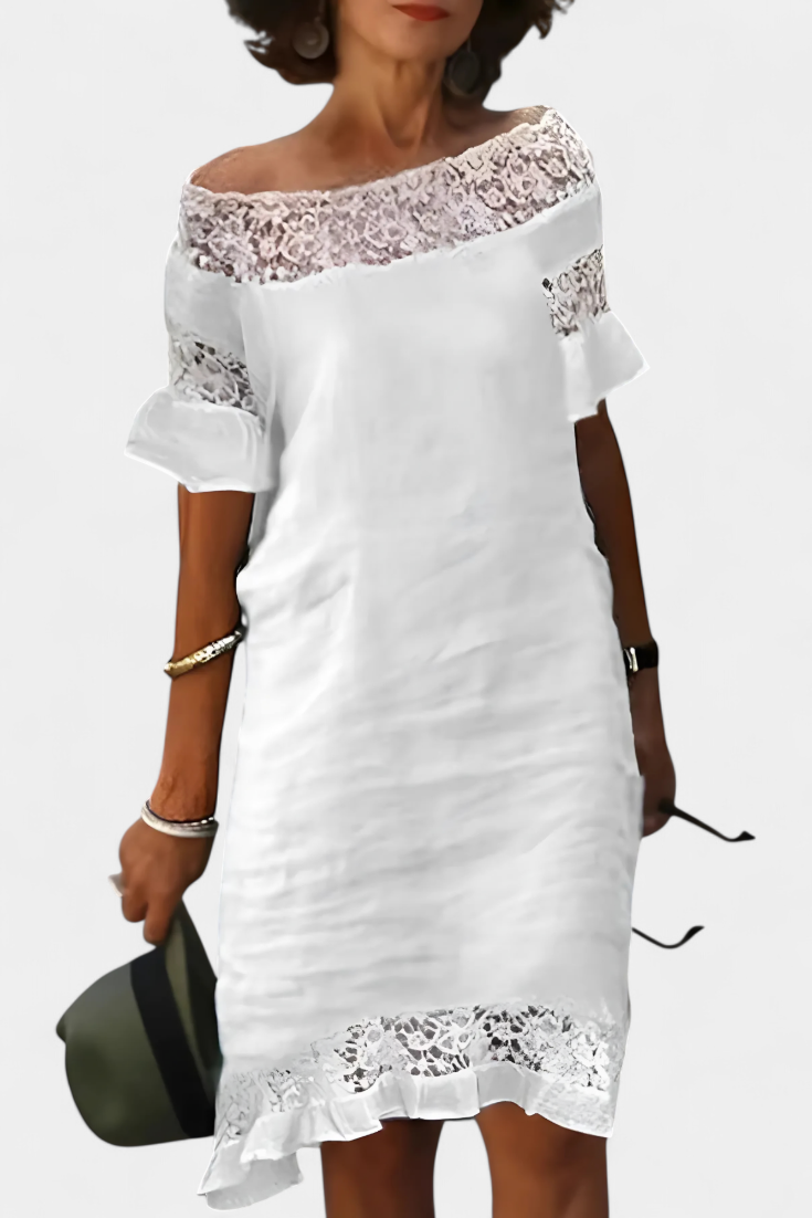 Vestido Lino Con Encaje Cuello Barco Karol Colección Chic