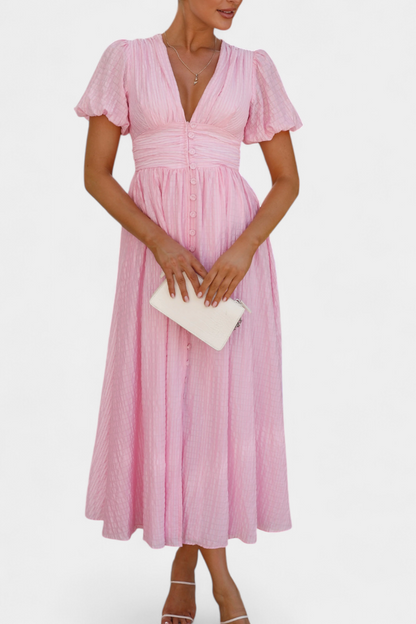 Vestido Maxi Seda Coqueto Con Escote V Y Mangas Abullonadas