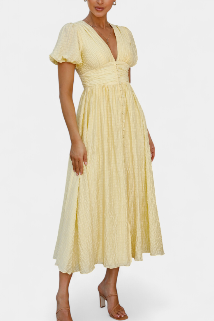 Vestido Maxi Seda Coqueto Con Escote V Y Mangas Abullonadas