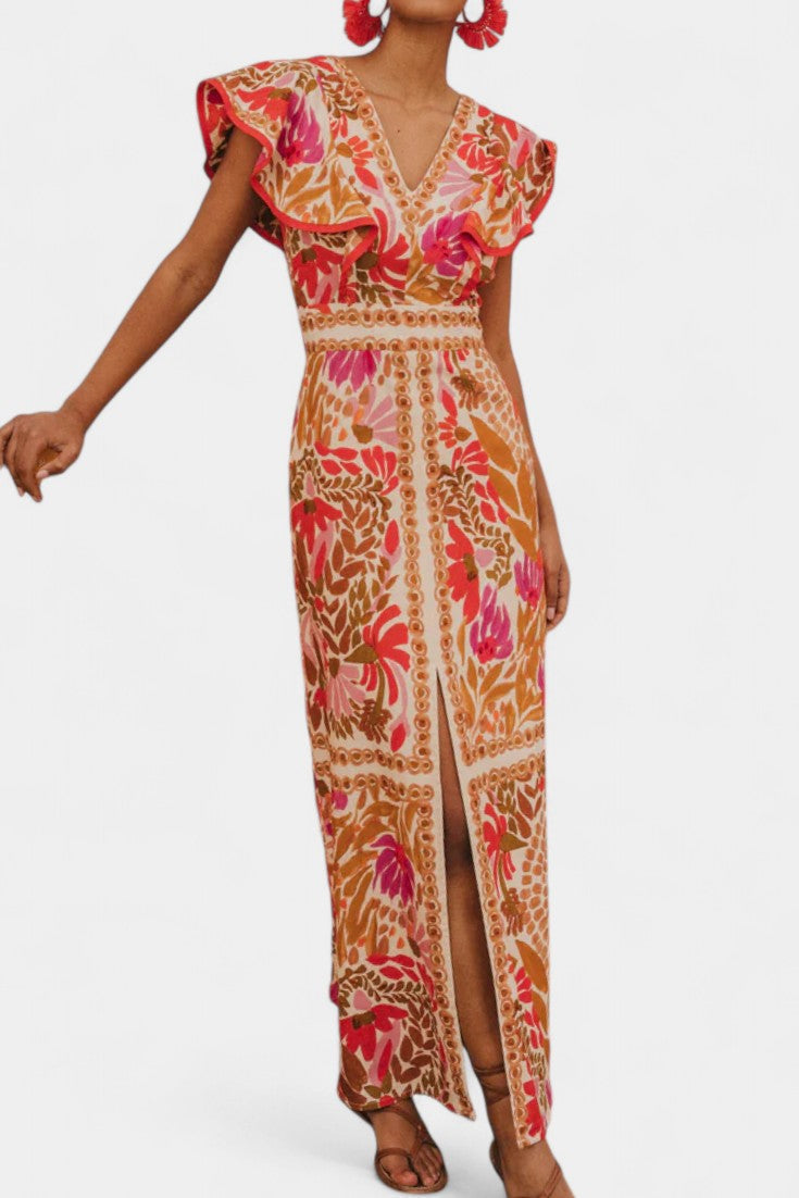 Suzanne Vestido Maxi Floral Rojo Vibrante Verano Ligero