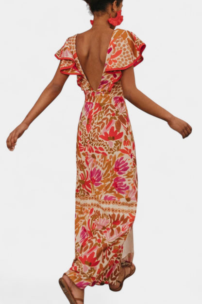 Suzanne Vestido Maxi Floral Rojo Vibrante Verano Ligero