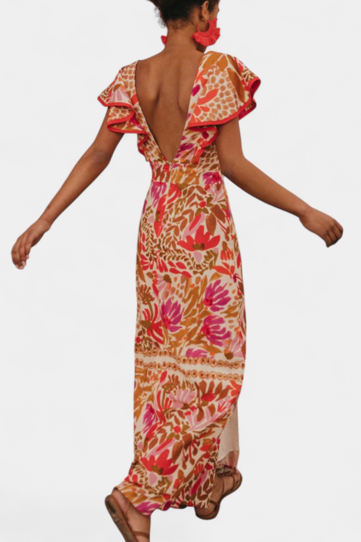 Suzanne Vestido Maxi Floral Rojo Vibrante Verano Ligero