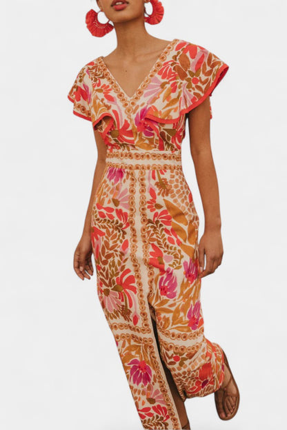 Suzanne Vestido Maxi Floral Rojo Vibrante Verano Ligero