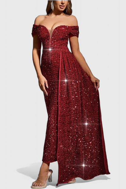 Vestido De Lentejuelas Brilla Con Hombros Descubiertos