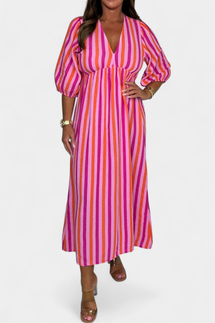 Vestido Midi Rayas Intensas Manga Globo Veraniego Estampado