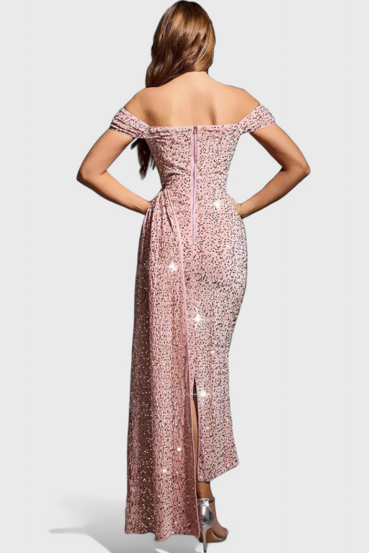 Vestido De Lentejuelas Brilla Con Hombros Descubiertos