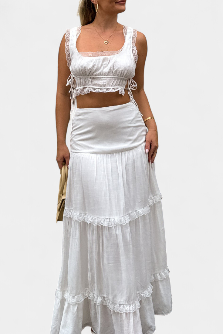 Conjunto Top Elegante Con Encaje Falda Maxi Con Encanto