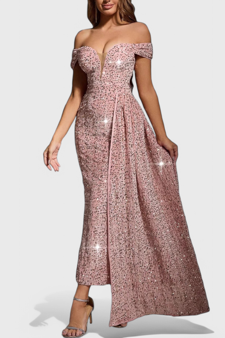 Vestido De Lentejuelas Brilla Con Hombros Descubiertos