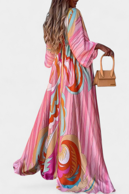 Vestido Maxi Arcoíris Con Manga Murciélago Fluido Estampado