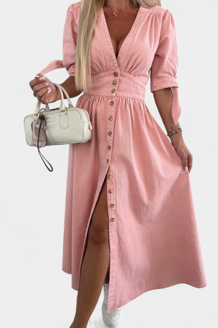 Vestido Midi Denim Premium Con Botones Y Escote V Muy Chic