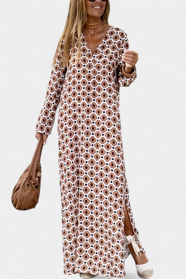 Vestido Largo Geométrico Brisa Con Escote En V Chic