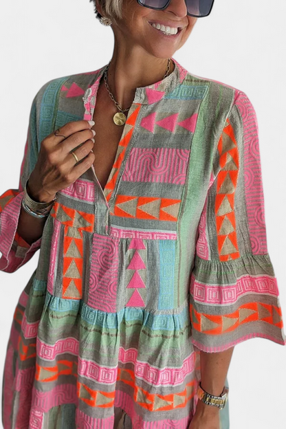 Vestido Boho Bordado Con Escote En V Colorido Y Vivo