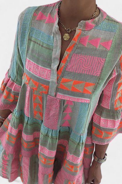 Vestido Boho Bordado Con Escote En V Colorido Y Vivo