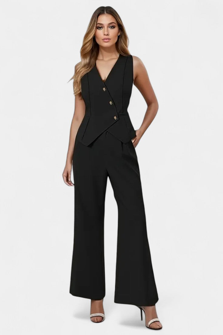 Conjunto Chic Peplum Chaleco Pantalones Cintura Alta Lujo
