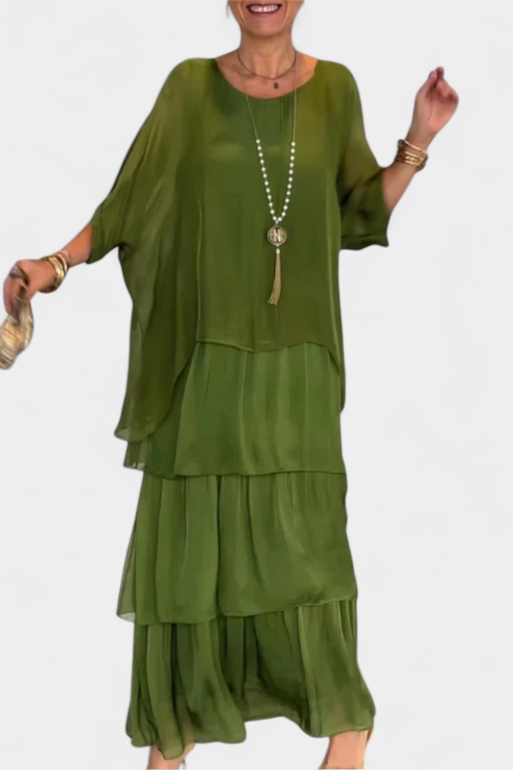 Vestido Maxi Boho Con Volantes Y Mangas Murciélago Genial