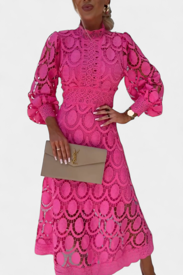 Vestido Midi Encaje Calado Con Mangas Farol Cuello Alto
