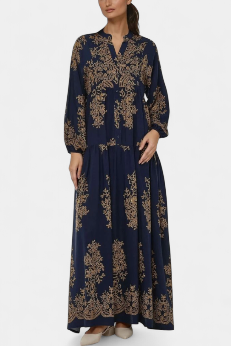 Yaiza Vestido Maxi Estampado Vintage Con Cuello Camisero