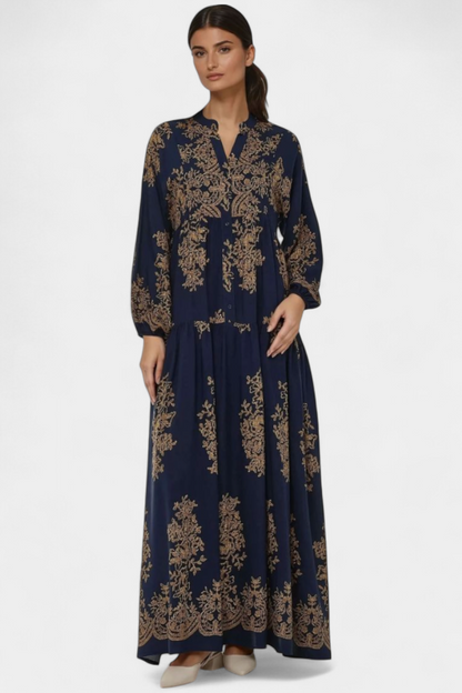 Yaiza Vestido Maxi Estampado Vintage Con Cuello Camisero