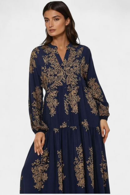 Yaiza Vestido Maxi Estampado Vintage Con Cuello Camisero