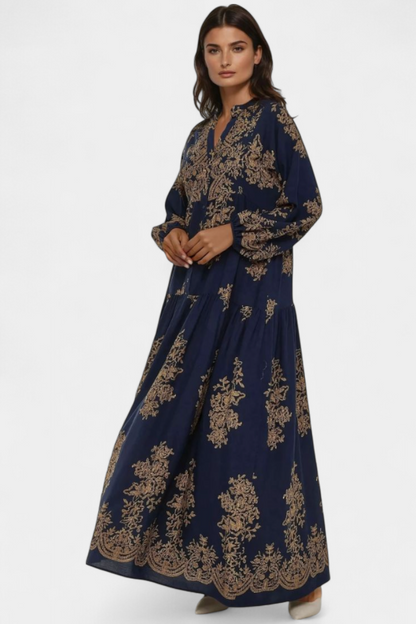 Yaiza Vestido Maxi Estampado Vintage Con Cuello Camisero