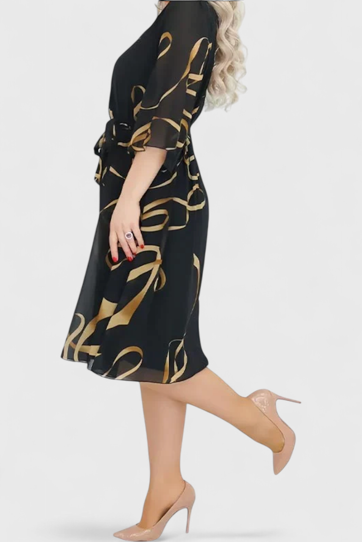 Vestido Midi Estampado Con Cinturón Tejido Ligero Ingenioso