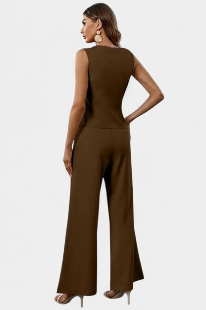Conjunto Chic Peplum Chaleco Pantalones Cintura Alta Lujo