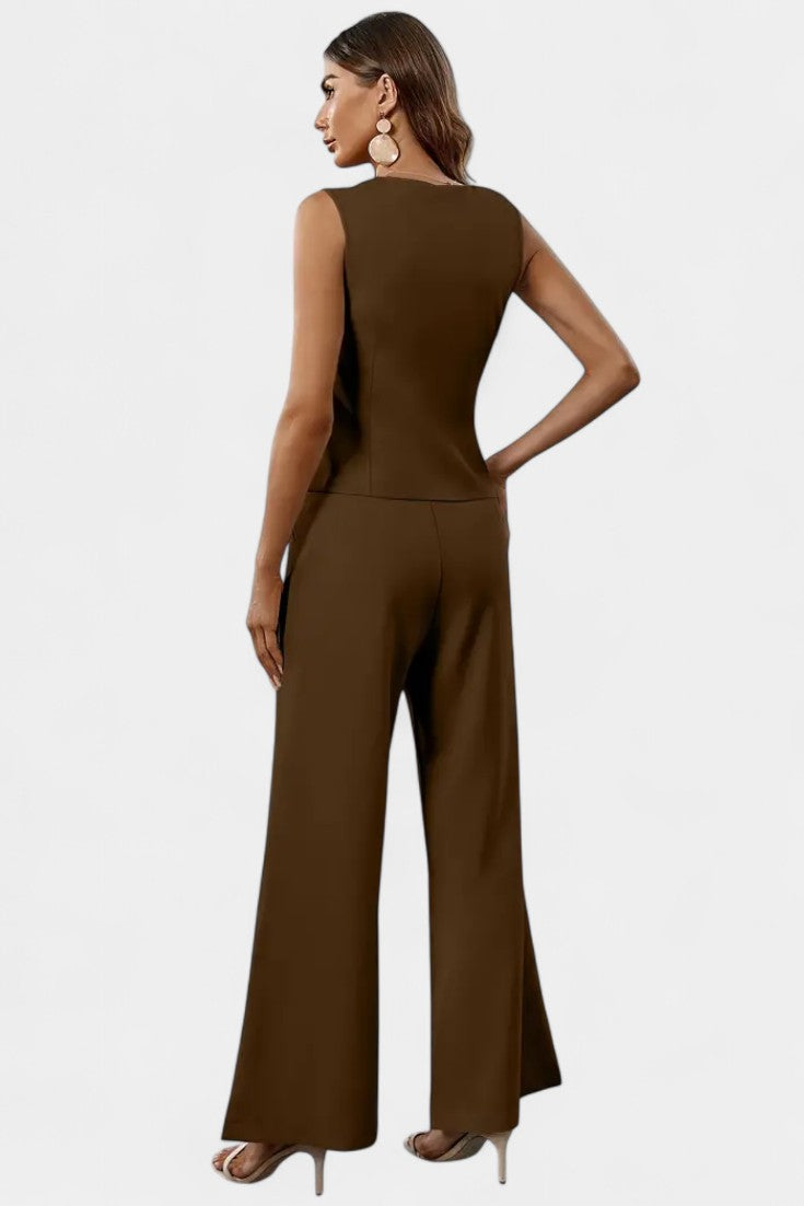 Conjunto Chic Peplum Chaleco Pantalones Cintura Alta Lujo