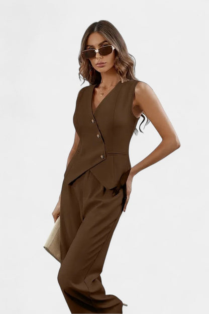 Conjunto Chic Peplum Chaleco Pantalones Cintura Alta Lujo