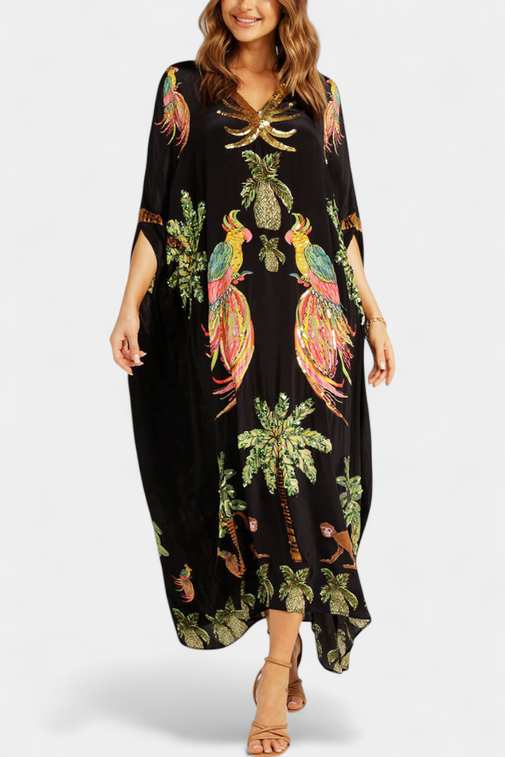 Vestido Evangeline Estampado Tropical Bordados Brillan