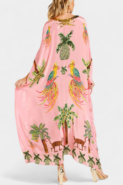 Vestido Evangeline Estampado Tropical Bordados Brillan