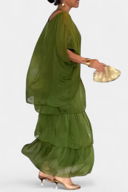Vestido Maxi Boho Con Volantes Y Mangas Murciélago Genial