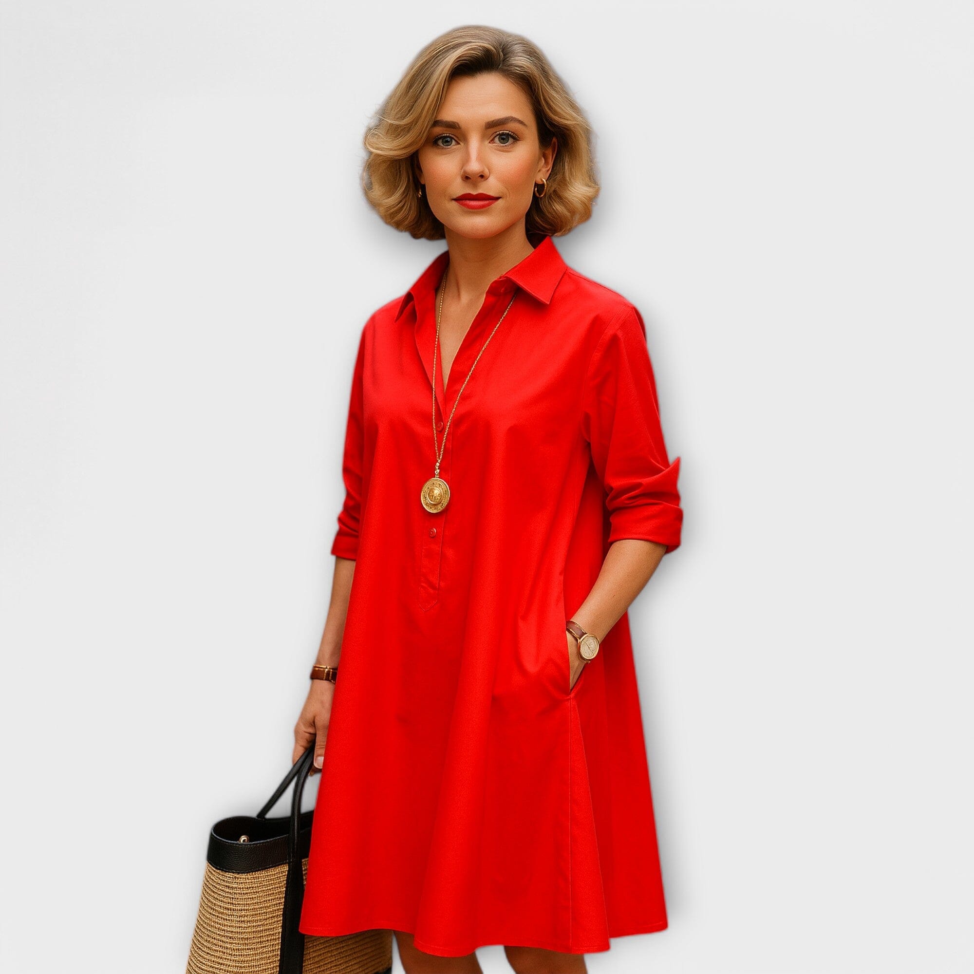 Vestido de camisa moderno con cuello y mangas tres cuartos Vestido de camisa moderno con cuello y mangas tres cuartos A minha loja Rojo XS 