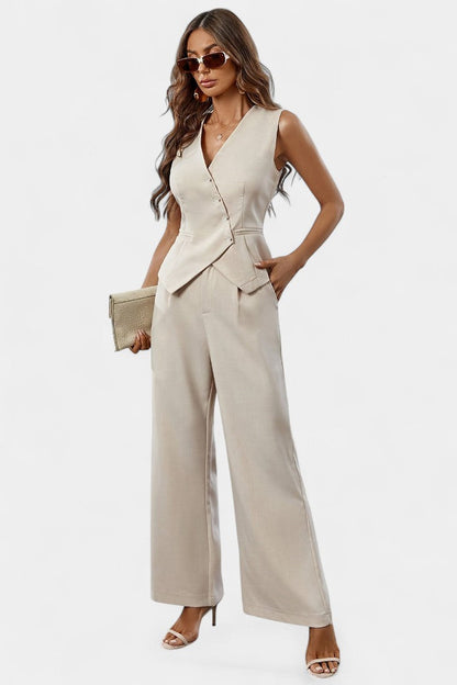 Conjunto Chic Peplum Chaleco Pantalones Cintura Alta Lujo