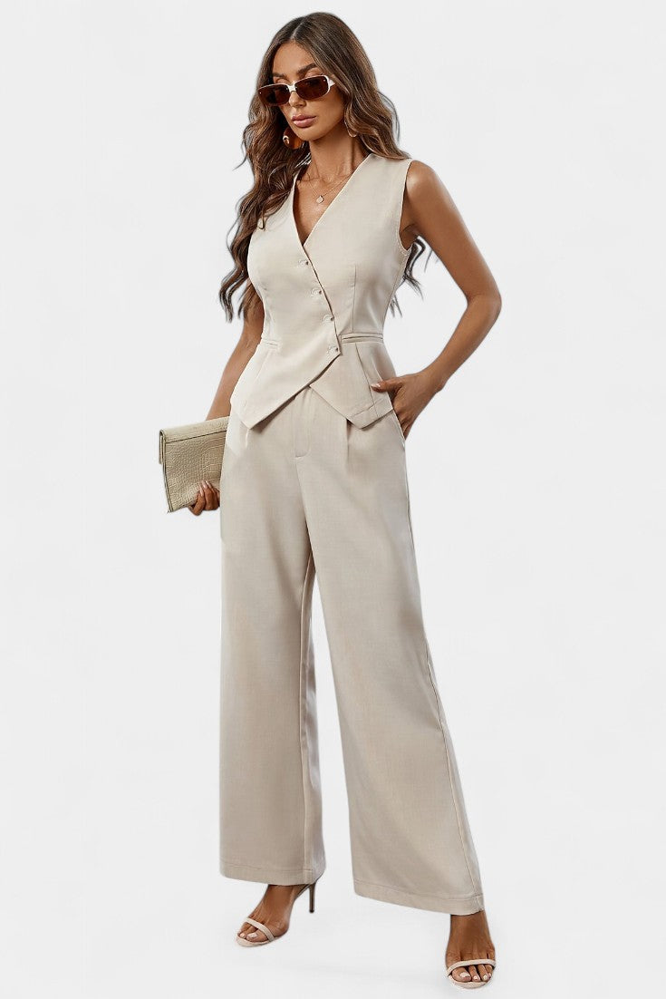 Conjunto Chic Peplum Chaleco Pantalones Cintura Alta Lujo