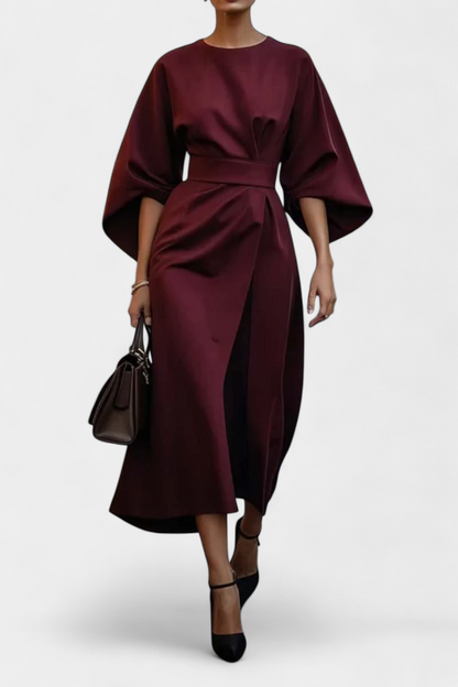 Vestido Midi Exclusivo Con Mangas Lantern Y Cintura