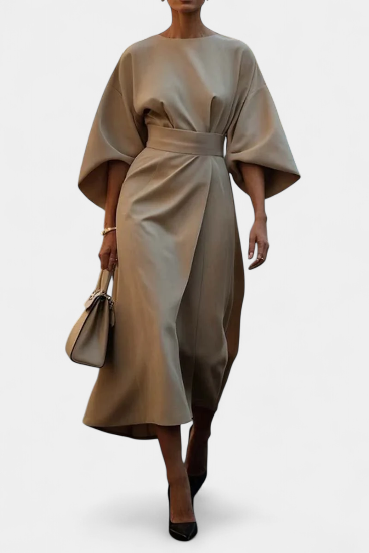 Vestido Midi Exclusivo Con Mangas Lantern Y Cintura