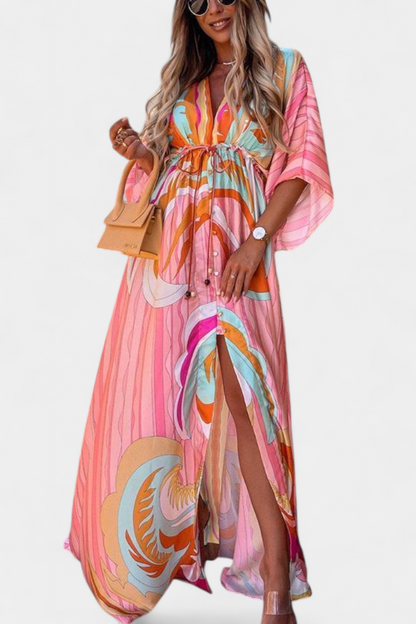 Vestido Maxi Arcoíris Con Manga Murciélago Fluido Estampado